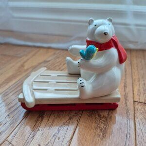 Bath & Body Works Ceramic Polar Bear Blue Bird Sleigh Hand Soap Candle Holder